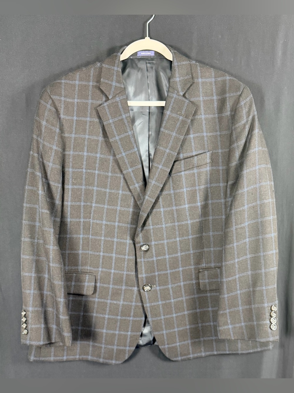 Gray Brown Windowpane Sport coat Merino Wool Blue Grid 46 Short Classic fit **